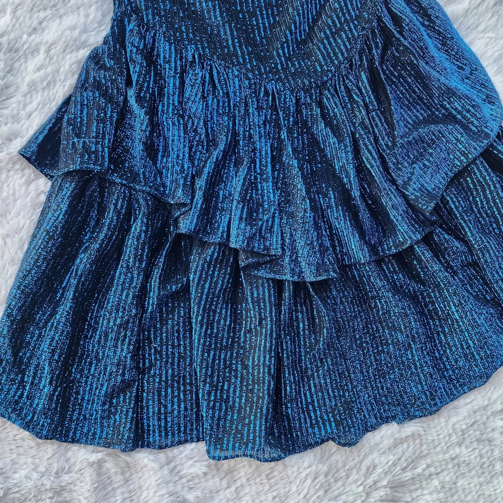 Stash‎ Vintage 1980s Metallic Blue One Shoulder Ruffle Prom Dress - Picture 4 of 10